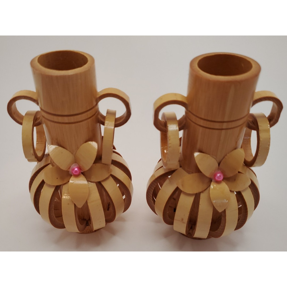 Handmade Wooden BAMBOO Ornate Island Candle Holder Set Lot of 2 (One Damaged)